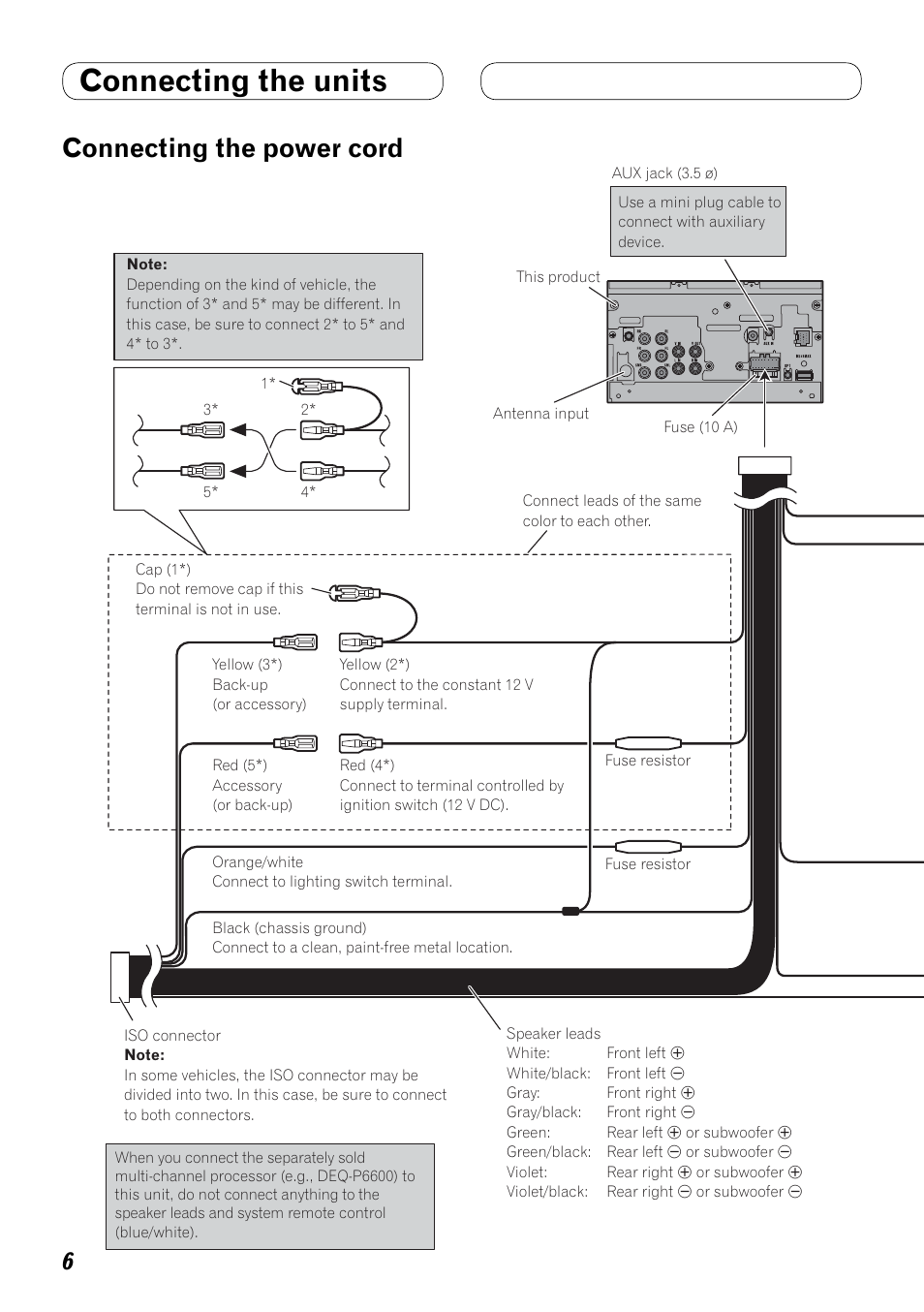 Connecting the power cord, Connecting the units | Pioneer AVH-P4100DVD User Manual | Page 6 / 86