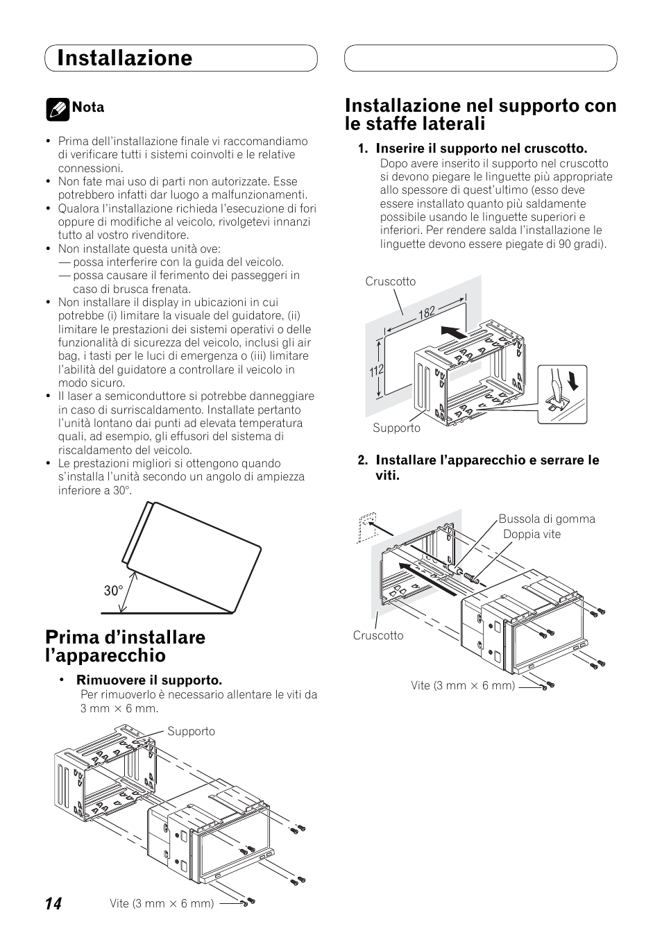 Installazione, Laterali, Prima d’installare l’apparecchio | Installazione nel supporto con le staffe laterali | Pioneer AVH-P4100DVD User Manual | Page 70 / 86