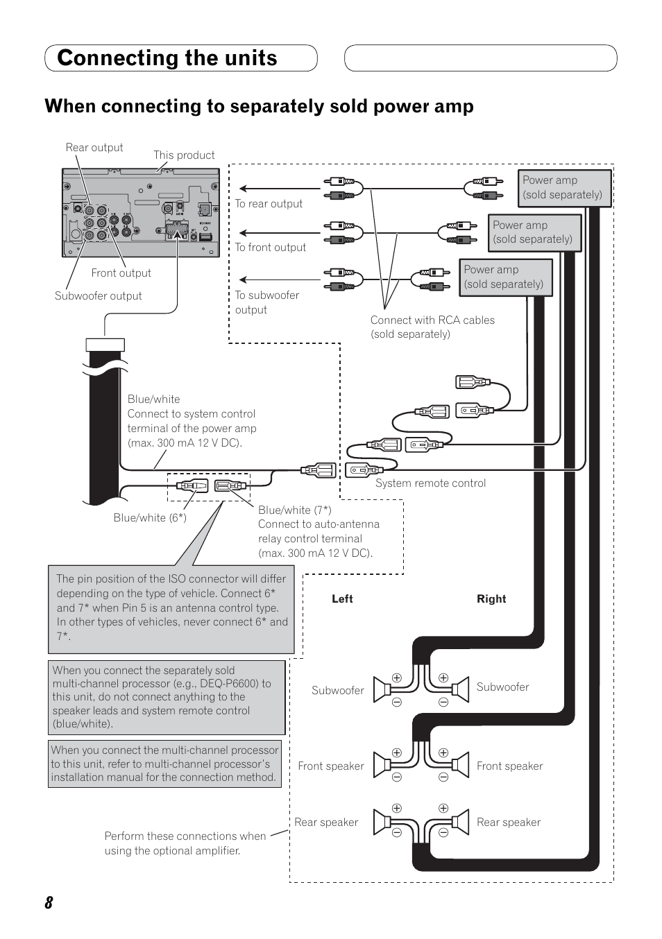 When connecting to, Separately sold power amp, Connecting the units | When connecting to separately sold power amp | Pioneer AVH-P4100DVD User Manual | Page 8 / 86