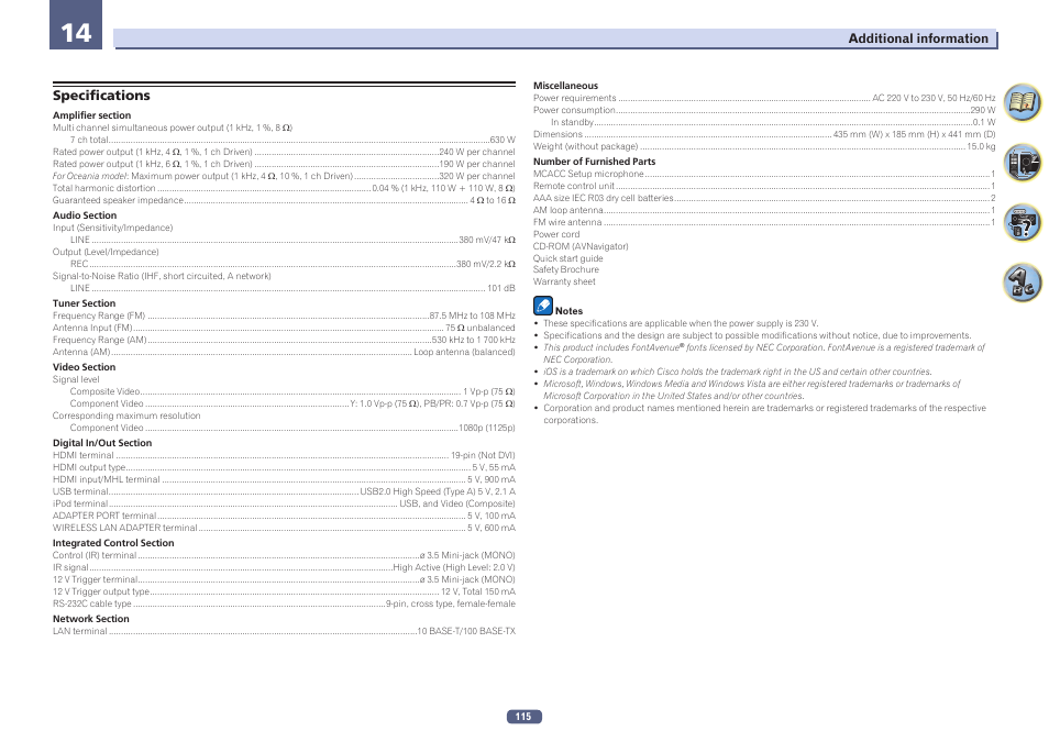 Specifications | Pioneer SC-2023-S User Manual | Page 115 / 121