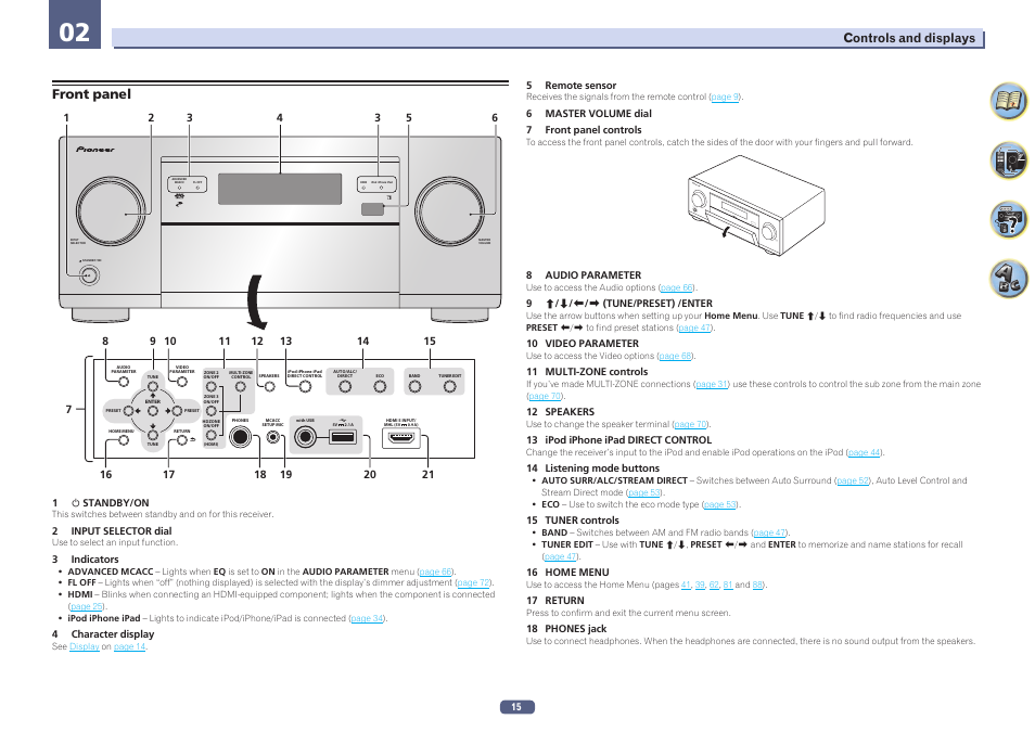 Front panel, Master volume sta ndb y/on inpu t selector | Pioneer SC-2023-S User Manual | Page 15 / 121