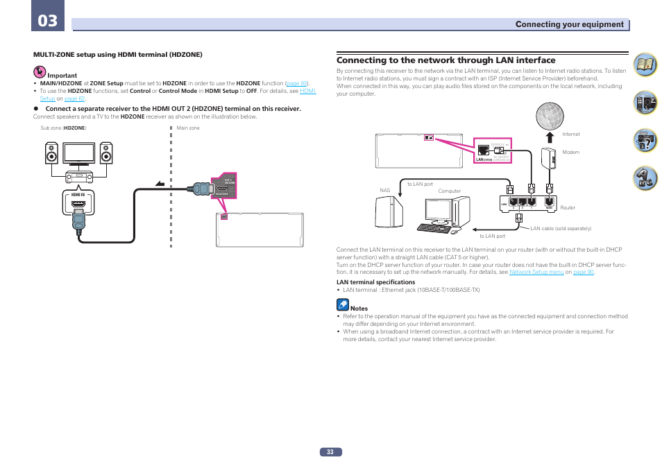 Connecting to the network through lan interface, Out 2 (hd zone) selectable | Pioneer SC-2023-S User Manual | Page 33 / 121
