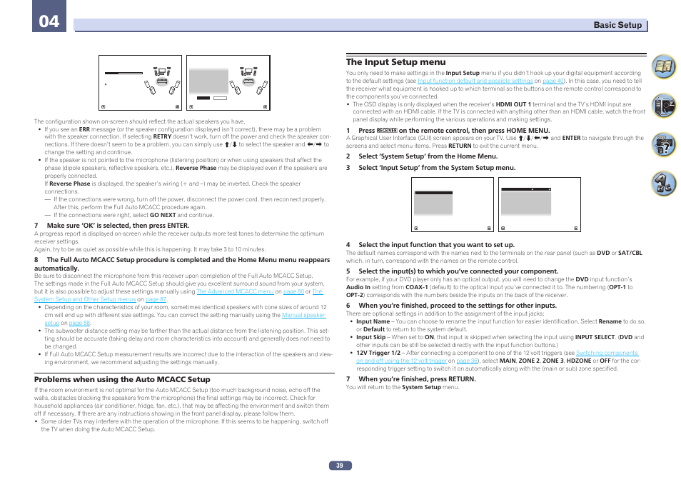 The input setup menu, Basic setup, Problems when using the auto mcacc setup | Pioneer SC-2023-S User Manual | Page 39 / 121