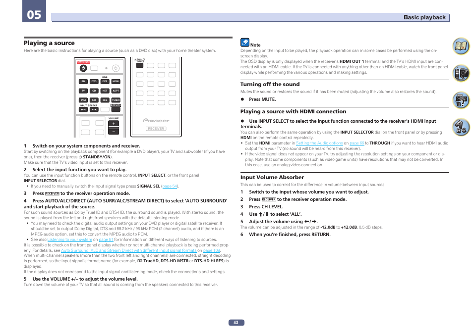 05 basic playback, Playing a source | Pioneer SC-2023-S User Manual | Page 43 / 121