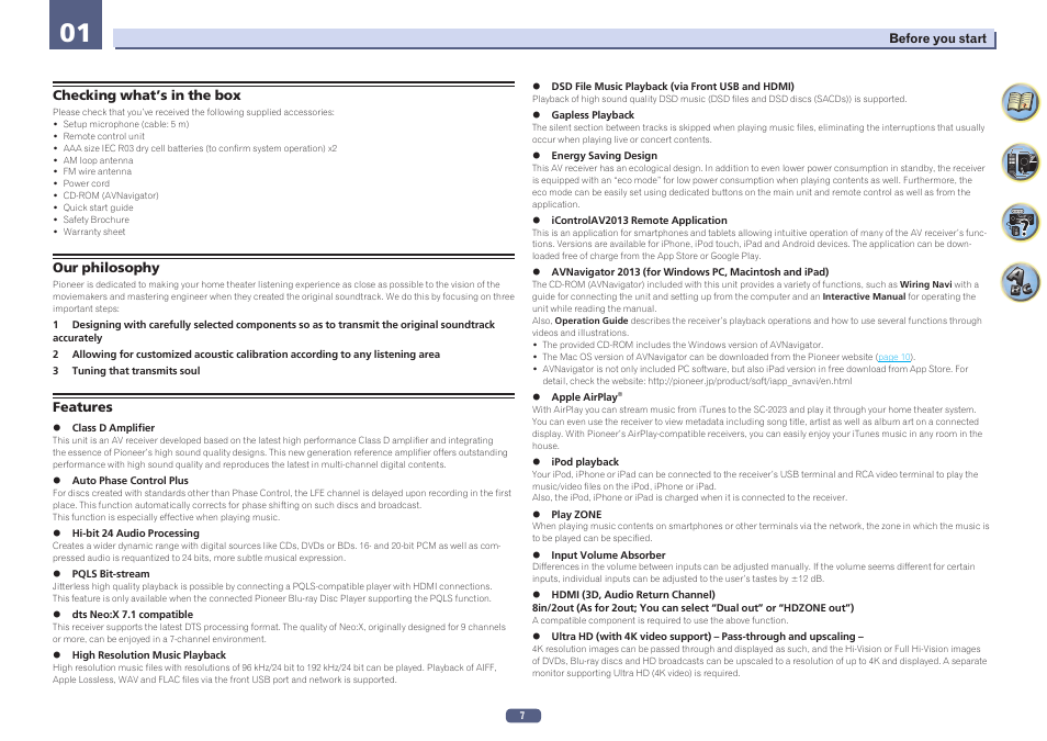 01 before you start, Checking what’s in the box our philosophy features | Pioneer SC-2023-S User Manual | Page 7 / 121