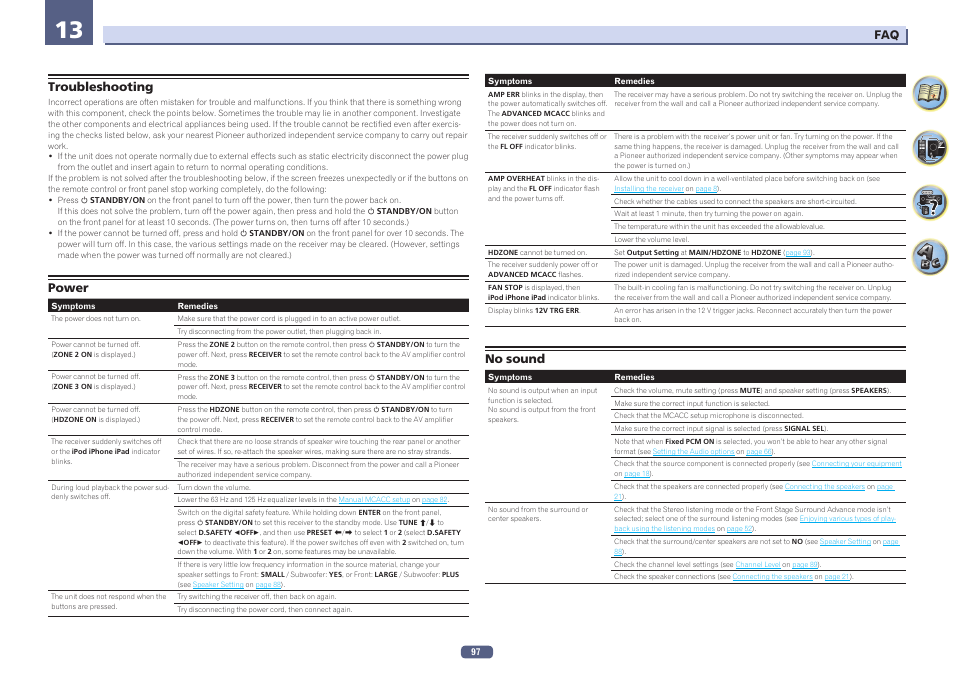 13 faq, Troubleshooting power no sound, Troubleshooting | Power, No sound | Pioneer SC-2023-S User Manual | Page 97 / 121