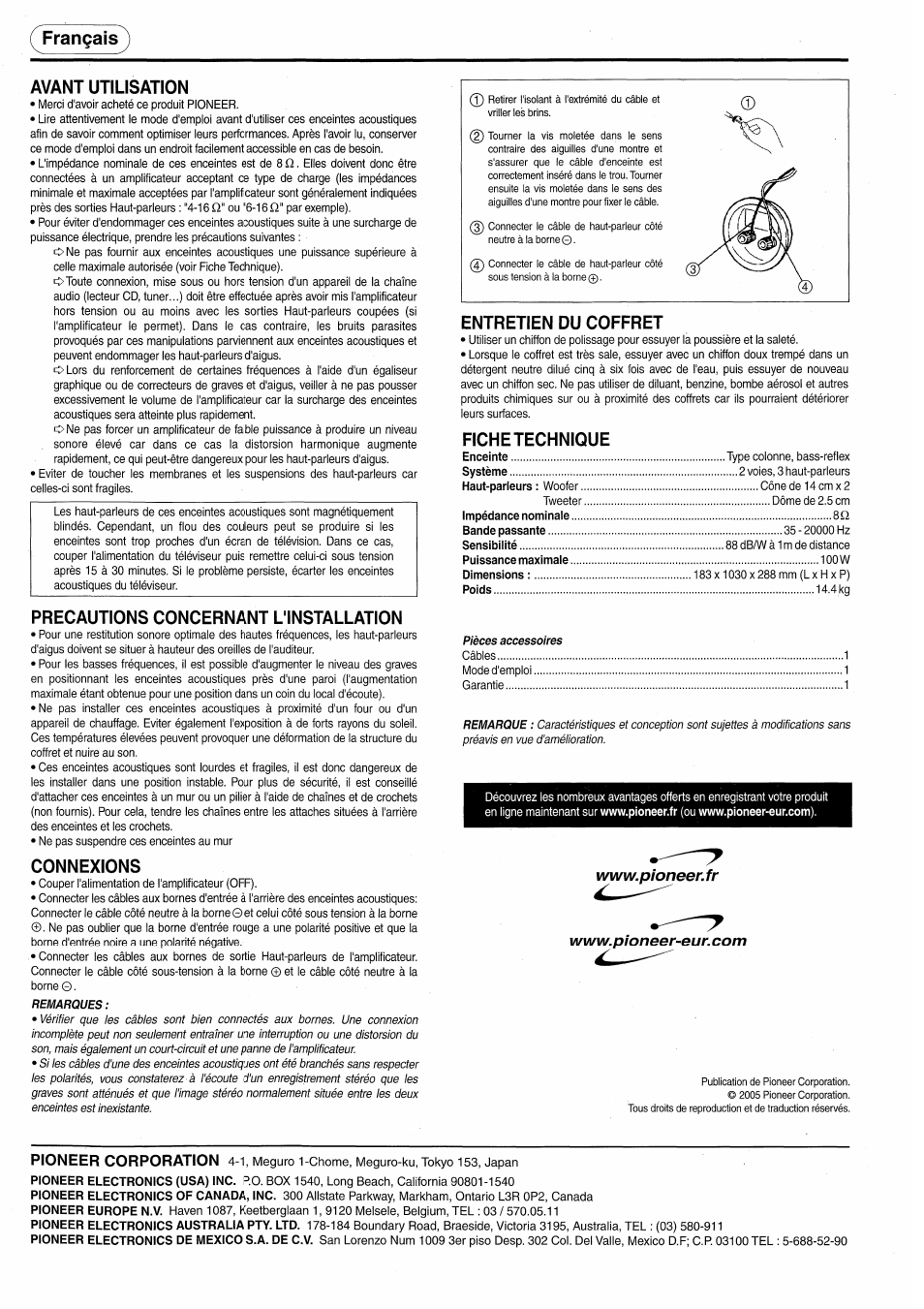 Français, Avant utilisation, Precautions concernant l'installation | Connexions, Entretien du coffret, Fiche technique, Français avant utilisation, Pioneer corporation | Pioneer S-H320V-W User Manual | Page 2 / 8