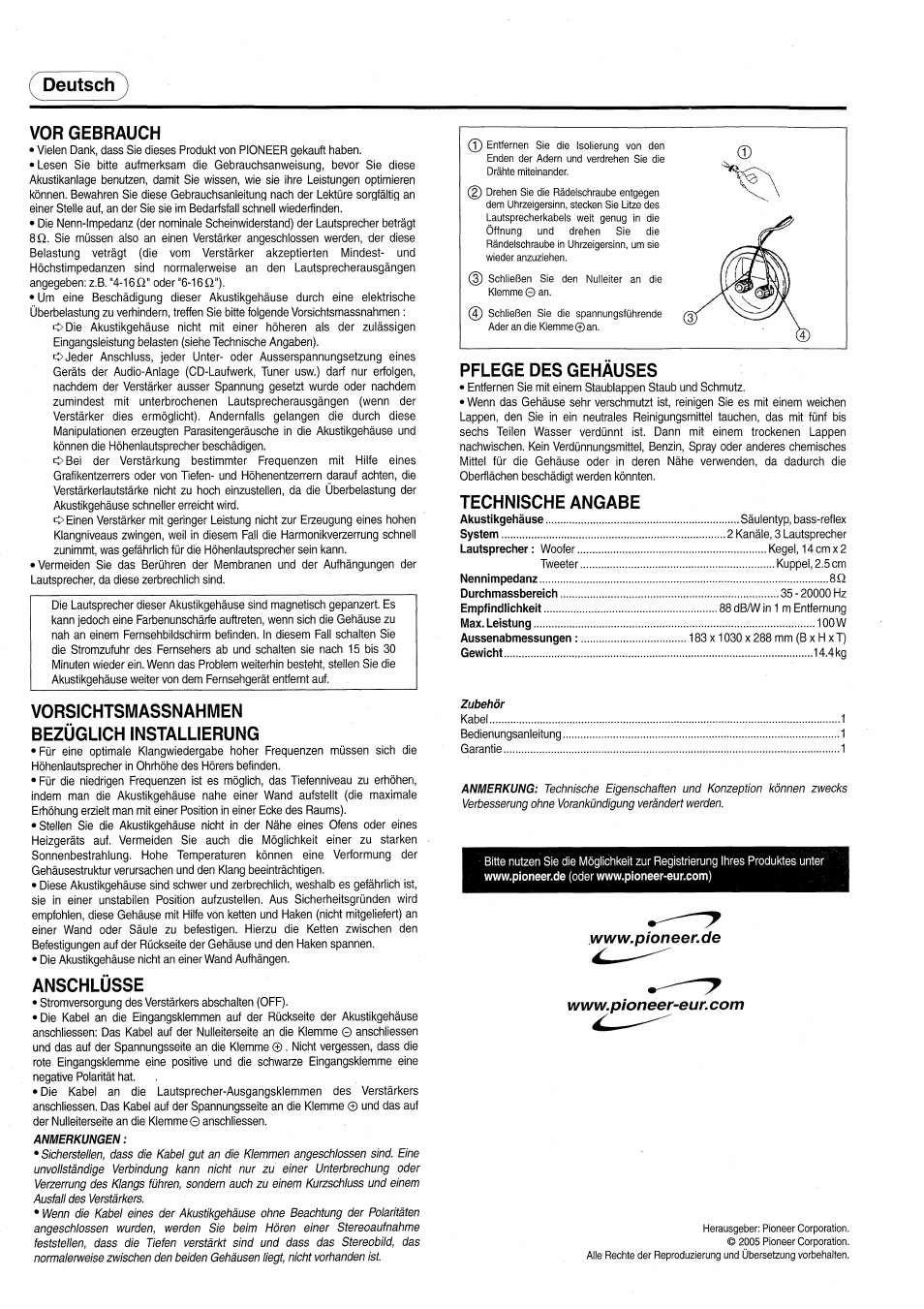 Deutsch, Vor gebrauch, Vorsichtsmassnahmen bezüglich installierung | Anschlüsse, Pflege des gehäuses, Technische angabe, Deutsch vor gebrauch | Pioneer S-H320V-W User Manual | Page 4 / 8