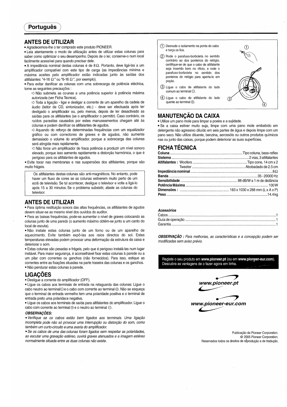 Portugués, Antes de utilizar, Ligaçôes | Manutençao da caixa, Ficha técnica, Portugués antes de utilizar | Pioneer S-H320V-W User Manual | Page 7 / 8