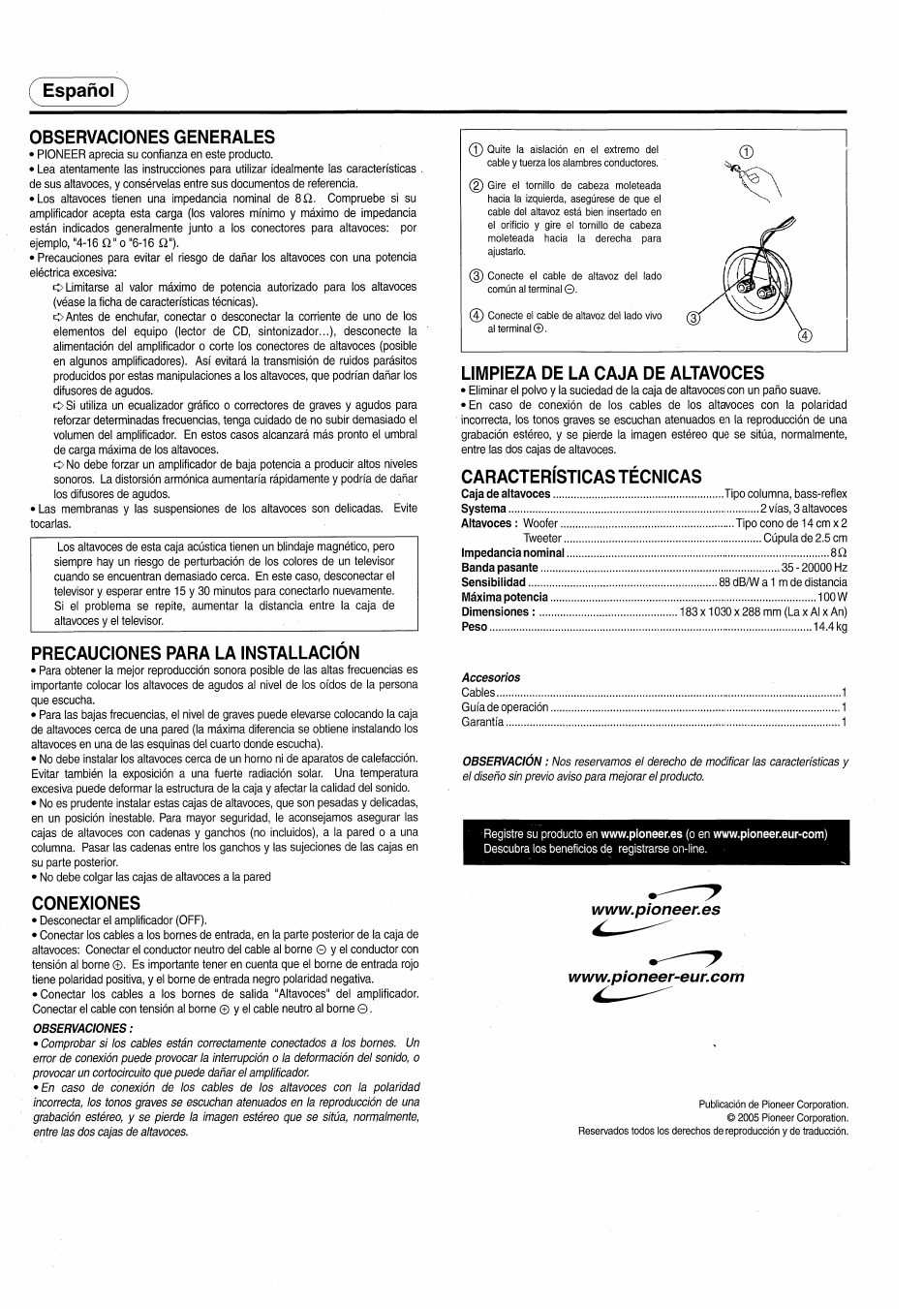 Español, Observaciones generales, Precauciones para la installacion | Conexiones, Limpieza de la caja de altavoces, Características técnicas, Español observaciones generales | Pioneer S-H320V-W User Manual | Page 8 / 8