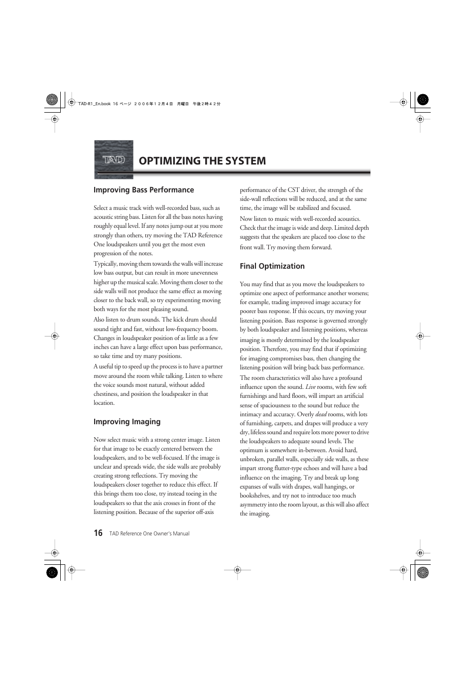 Optimizing the system | Pioneer TAD-R1 User Manual | Page 16 / 20