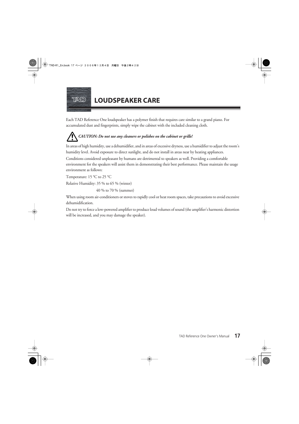 Loudspeaker care | Pioneer TAD-R1 User Manual | Page 17 / 20