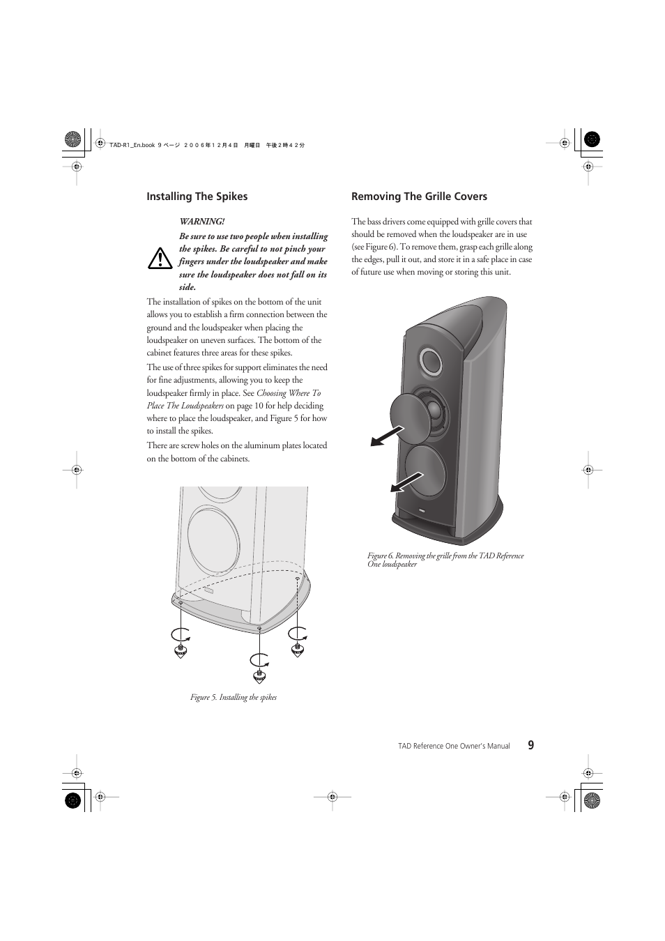 Installing the spikes removing the grille covers | Pioneer TAD-R1 User Manual | Page 9 / 20