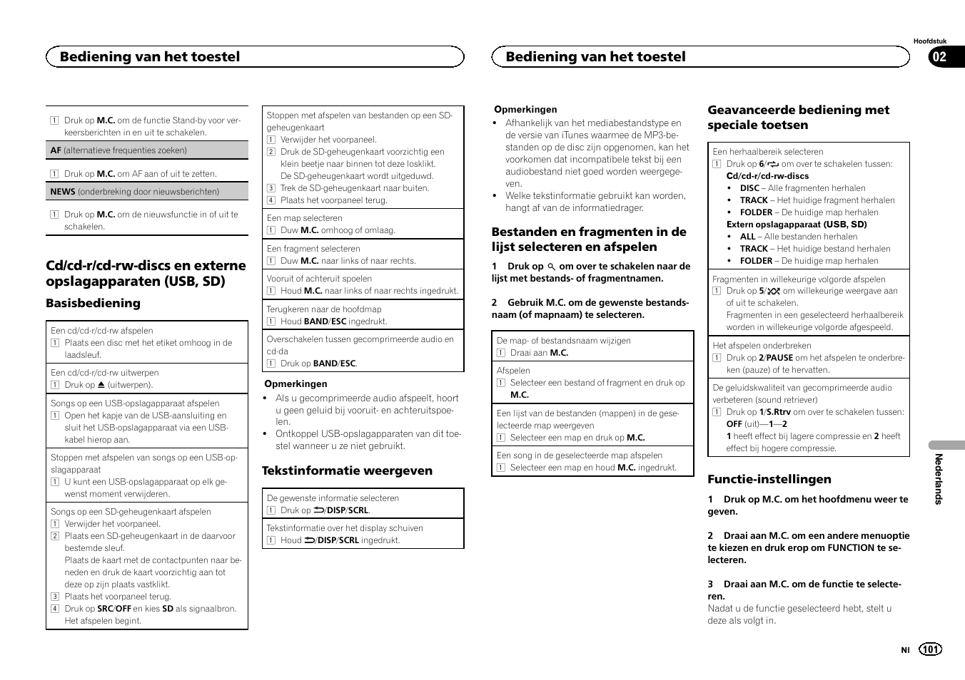 Cd/cd-r/cd-rw-discs en externe, Opslagapparaten (usb, sd), Bediening van het toestel 02 | Bediening van het toestel | Pioneer DEH-6300SD User Manual | Page 101 / 136