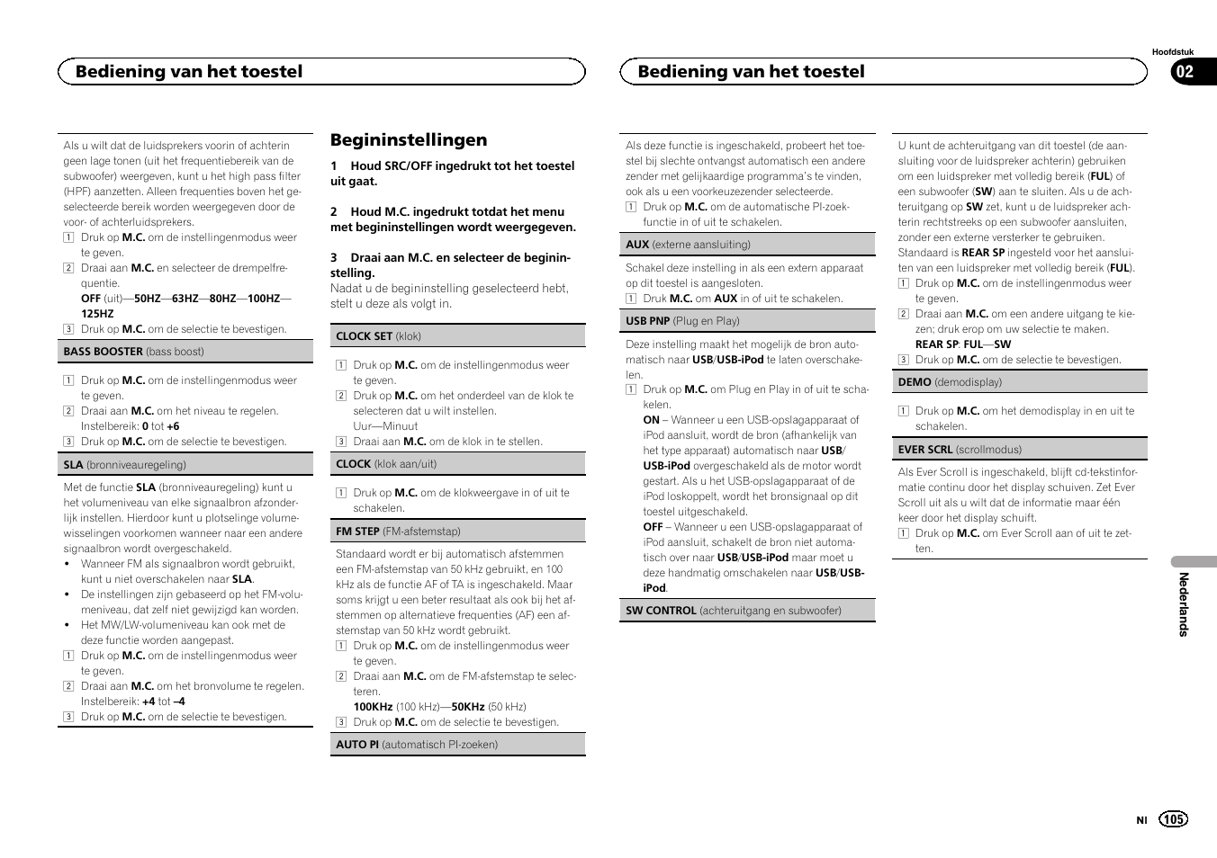 Begininstellingen, Bediening van het toestel 02, Bediening van het toestel | Pioneer DEH-6300SD User Manual | Page 105 / 136
