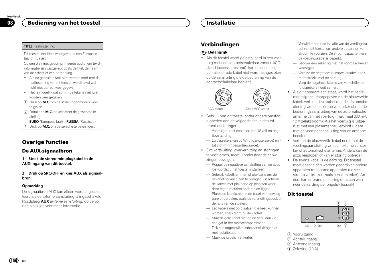 Overige functies, Installatie verbindingen, Verbindingen | Bediening van het toestel 03, Installatie | Pioneer DEH-6300SD User Manual | Page 106 / 136