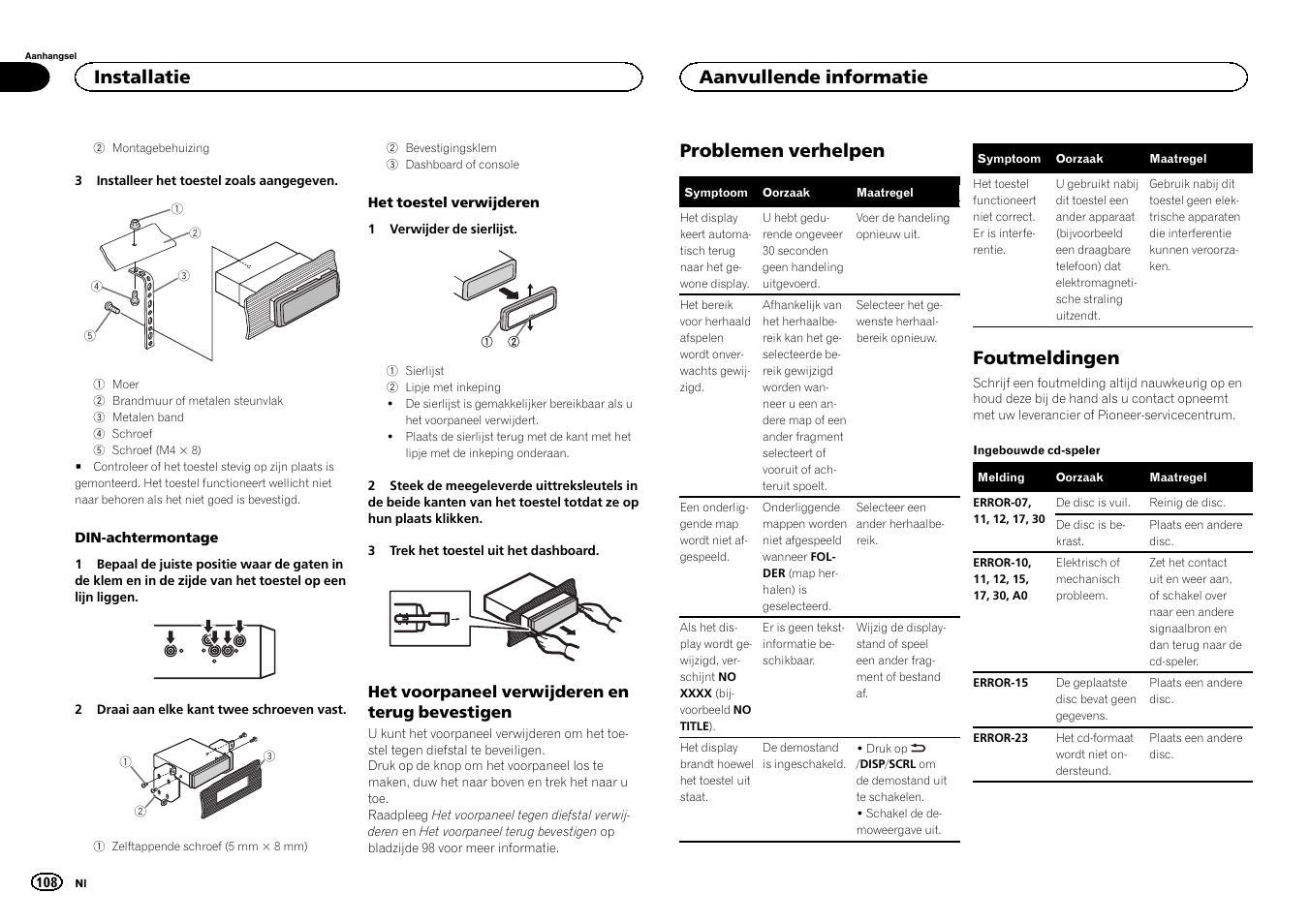 Aanvullende informatie problemen verhelpen, Foutmeldingen, Problemen verhelpen | Installatie, Aanvullende informatie | Pioneer DEH-6300SD User Manual | Page 108 / 136