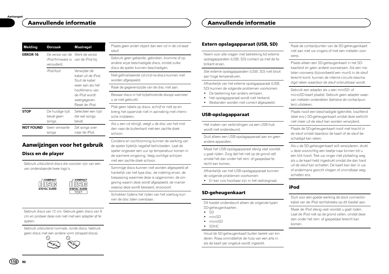 Aanwijzingen voor het gebruik, Aanvullende informatie | Pioneer DEH-6300SD User Manual | Page 110 / 136