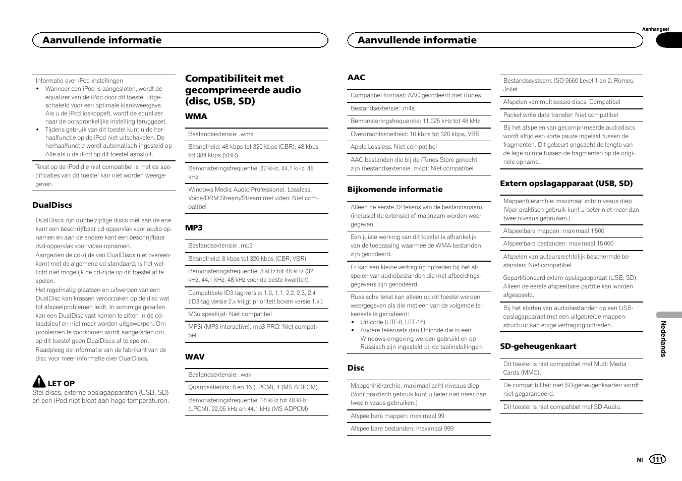 Compatibiliteit met gecomprimeerde audio, Disc, usb, sd), Aanvullende informatie | Pioneer DEH-6300SD User Manual | Page 111 / 136