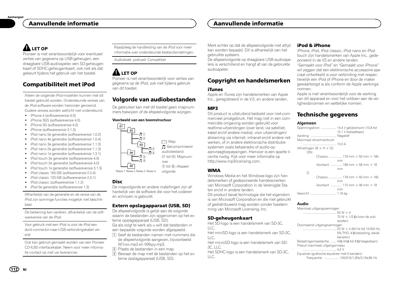 Compatibiliteit met ipod, Volgorde van audiobestanden, Copyright en handelsmerken | Technische gegevens, Aanvullende informatie | Pioneer DEH-6300SD User Manual | Page 112 / 136