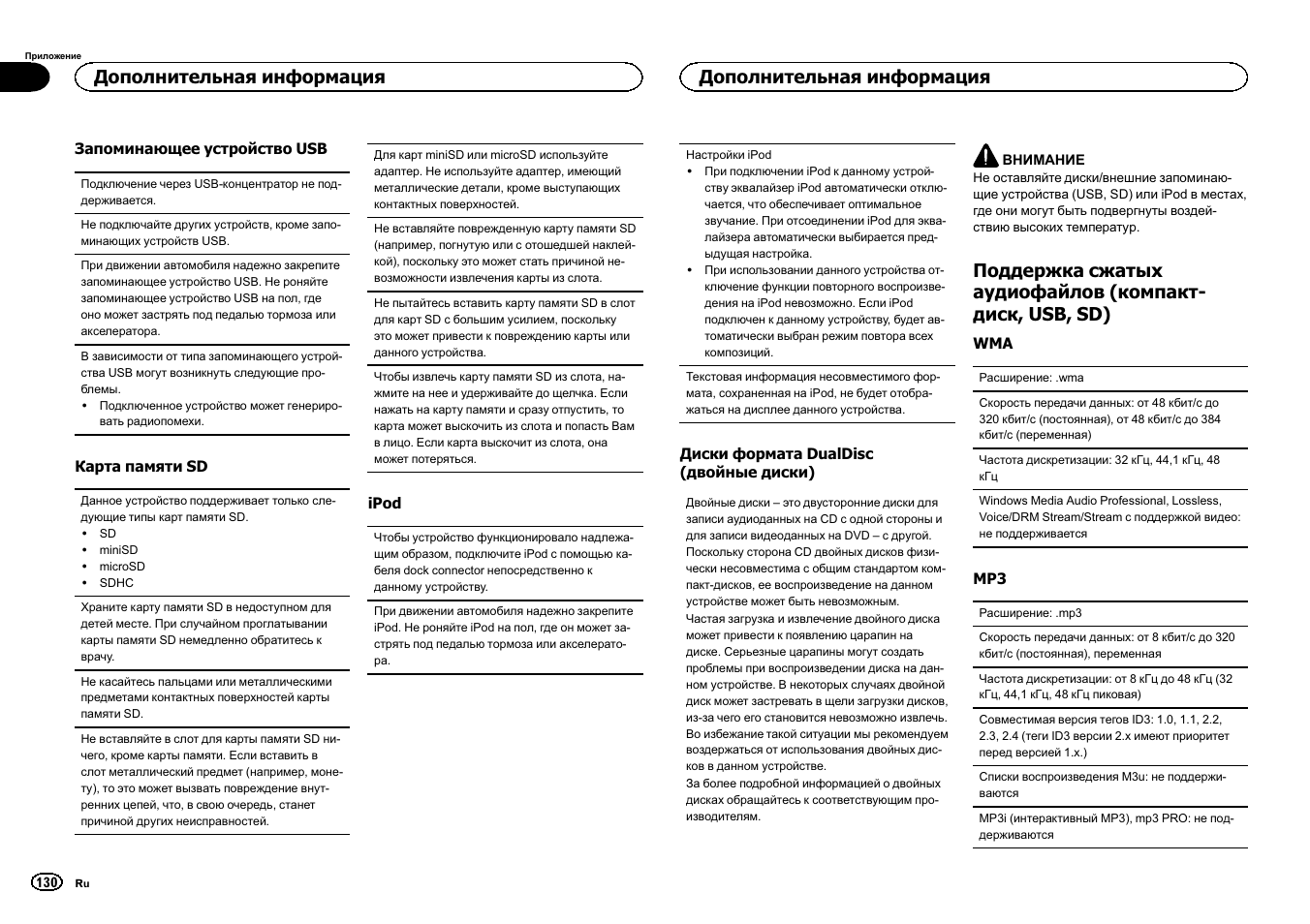 Поддержка сжатых аудиофайлов, Компакт-диск, usb, sd), Дополнительная информация | Pioneer DEH-6300SD User Manual | Page 130 / 136