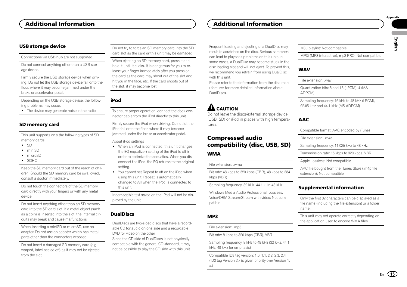 Compressed audio compatibility (disc, usb, Compressed audio compatibility (disc, usb, sd), Additional information | Pioneer DEH-6300SD User Manual | Page 15 / 136