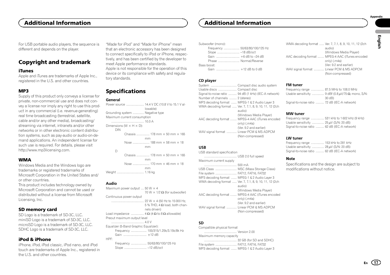 Copyright and trademark, Specifications, Additional information | Pioneer DEH-6300SD User Manual | Page 17 / 136