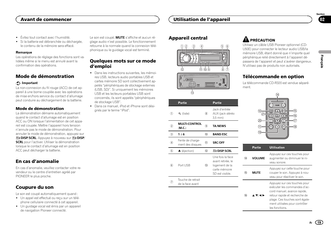 Mode de démonstration, En cas d, Anomalie | Coupure du son, Quelques mots sur ce mode d, Emploi, Utilisation de l, Appareil, Appareil central, Télécommande en option | Pioneer DEH-6300SD User Manual | Page 19 / 136