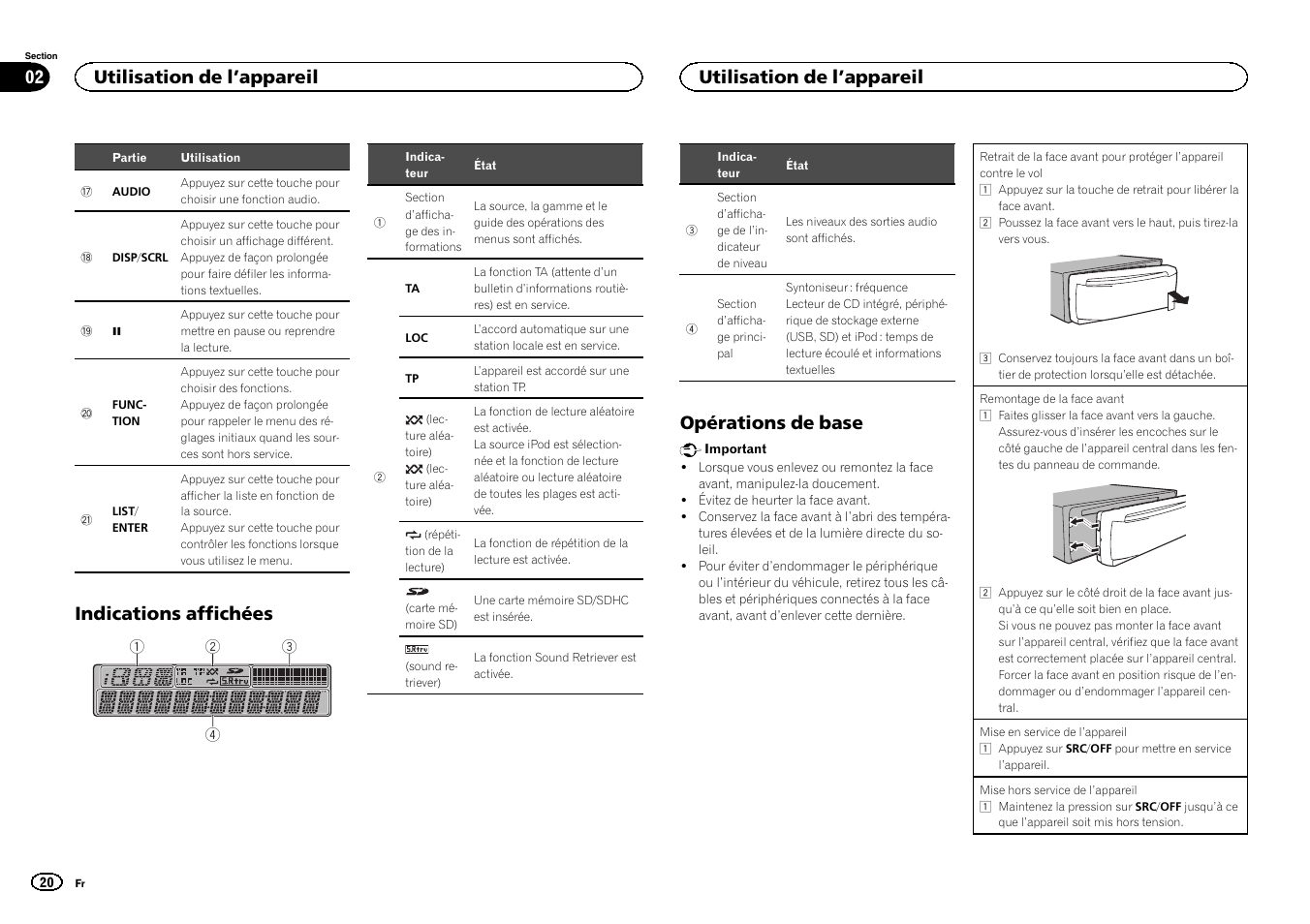 Indications affichées, Opérations de base, Utilisation de l ’appareil 02 | Utilisation de l ’appareil | Pioneer DEH-6300SD User Manual | Page 20 / 136