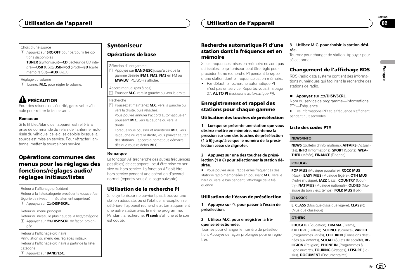 Opérations communes des menus pour les, Syntoniseur, Utilisation de l ’appareil 02 | Utilisation de l ’appareil | Pioneer DEH-6300SD User Manual | Page 21 / 136