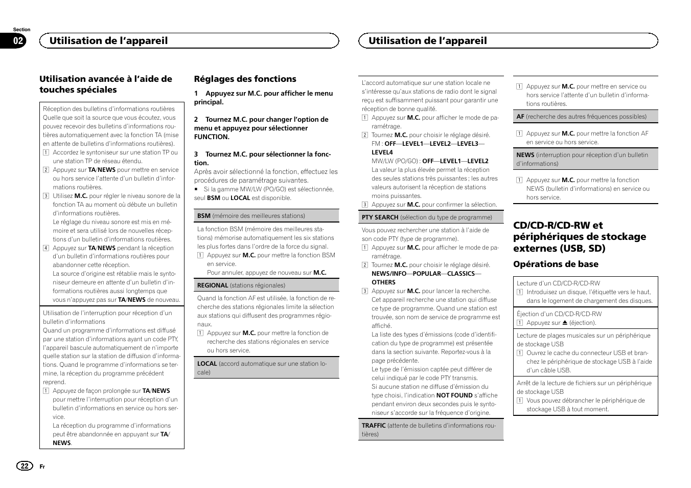 Cd/cd-r/cd-rw et périphériques de, Stockage externes (usb, sd), Utilisation de l ’appareil 02 | Utilisation de l ’appareil | Pioneer DEH-6300SD User Manual | Page 22 / 136