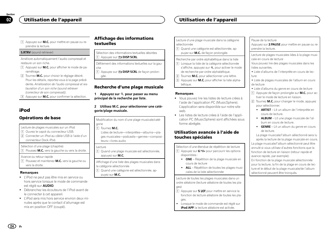 Ipod, Utilisation de l ’appareil 02, Utilisation de l ’appareil | Pioneer DEH-6300SD User Manual | Page 24 / 136