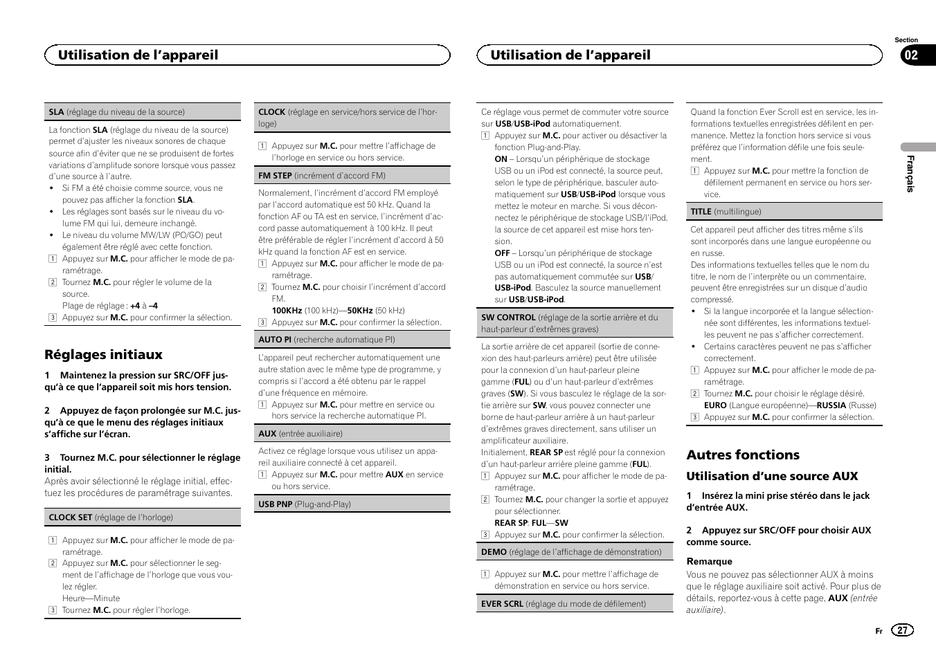 Réglages initiaux, Autres fonctions, Auto pi (recherche automatique pi) | Sw control (réglage, De la sortie arrière et du haut-parleur d, Extrê, Mes graves), Utilisation de l ’appareil 02, Utilisation de l ’appareil | Pioneer DEH-6300SD User Manual | Page 27 / 136