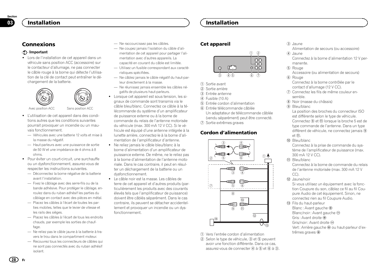 Installation connexions, Connexions, Installation 03 | Installation | Pioneer DEH-6300SD User Manual | Page 28 / 136