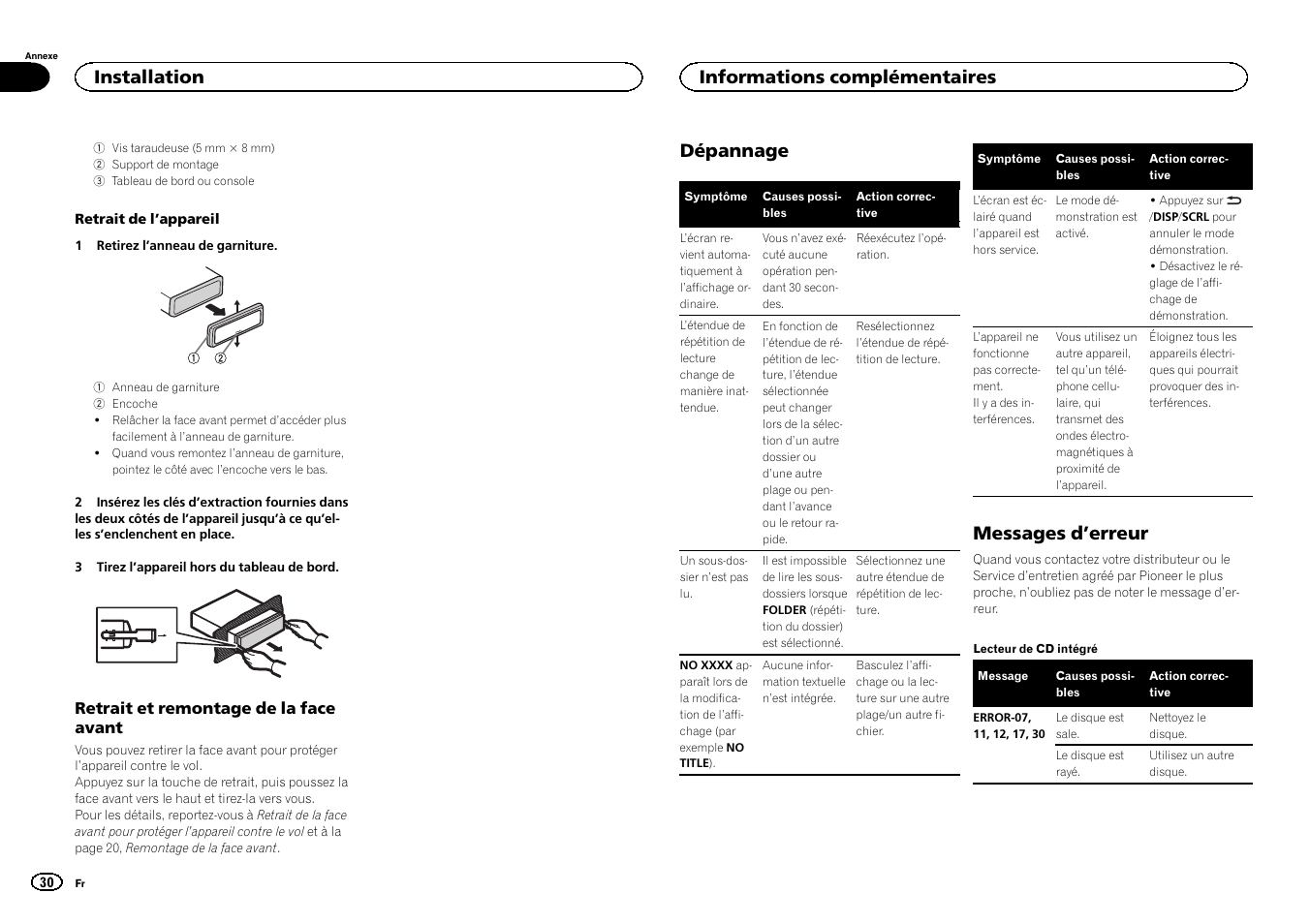 Informations complémentaires dépannage, Messages d, Erreur | Dépannage, Messages d ’erreur, Installation, Informations complémentaires | Pioneer DEH-6300SD User Manual | Page 30 / 136