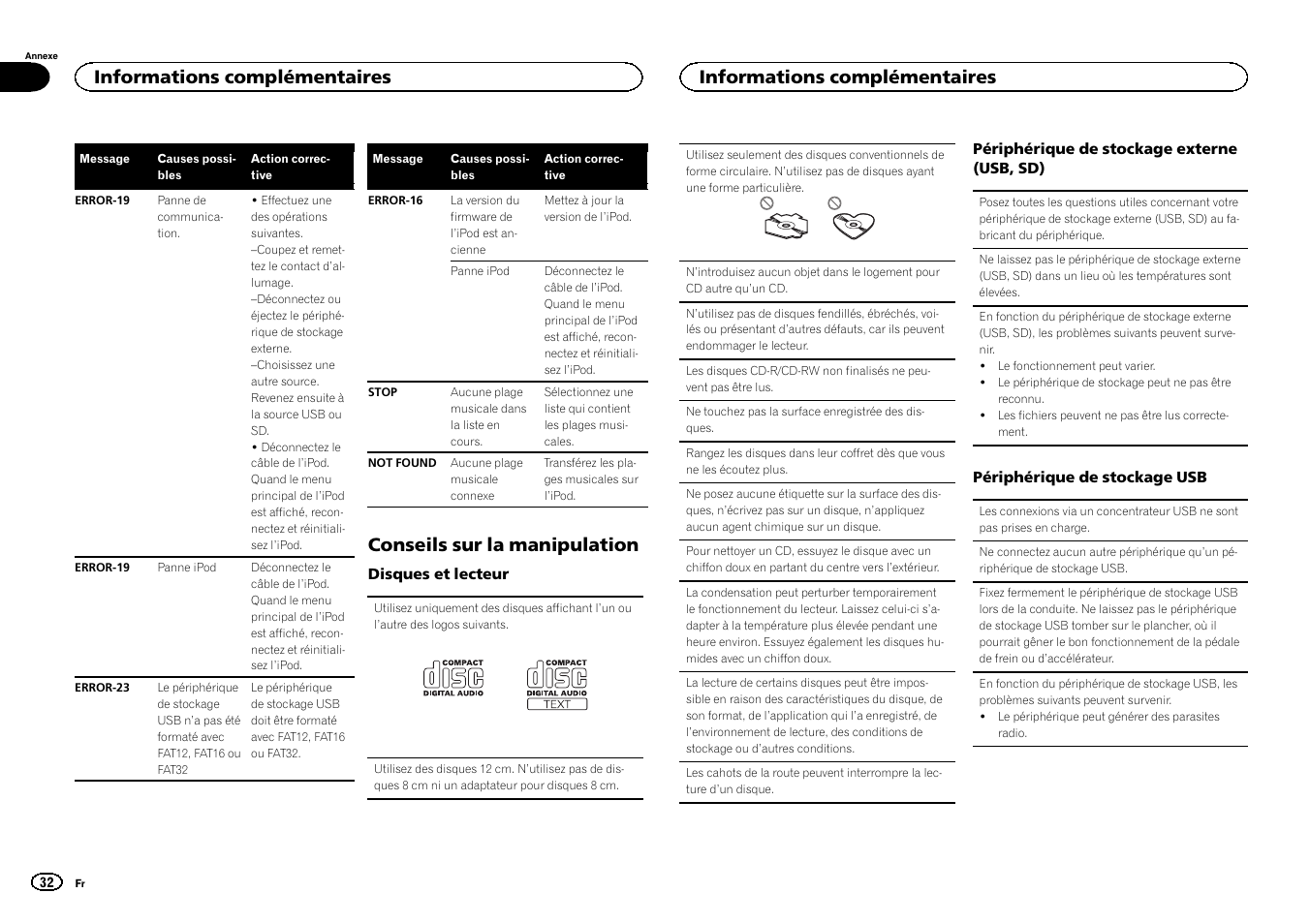 Conseils sur la manipulation, Informations complémentaires | Pioneer DEH-6300SD User Manual | Page 32 / 136