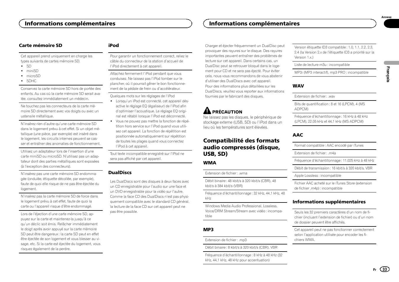 Compatibilité des formats audio, Compressés (disque, usb, sd), Informations complémentaires | Pioneer DEH-6300SD User Manual | Page 33 / 136