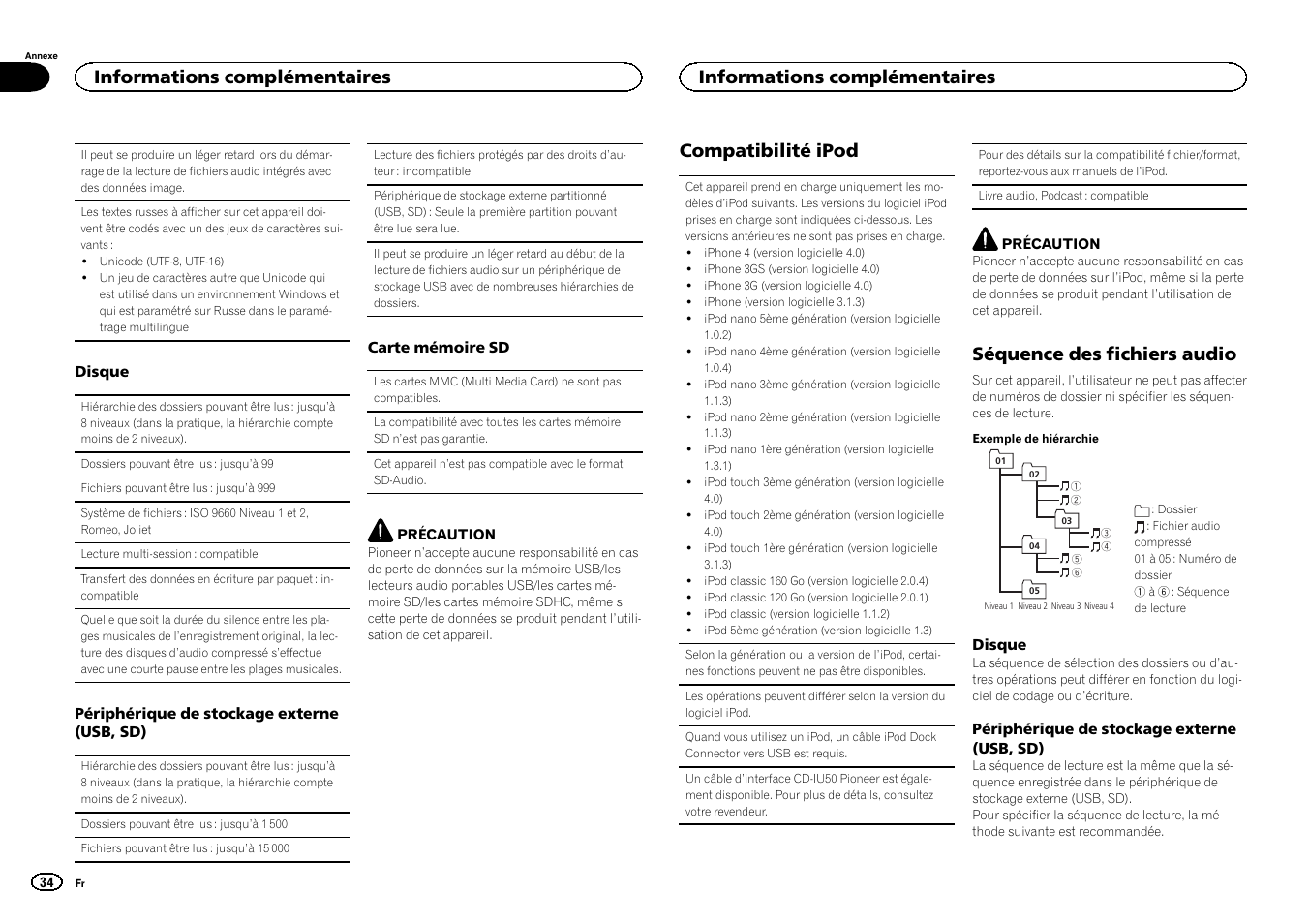 Compatibilité ipod, Séquence des fichiers audio, Informations complémentaires | Pioneer DEH-6300SD User Manual | Page 34 / 136