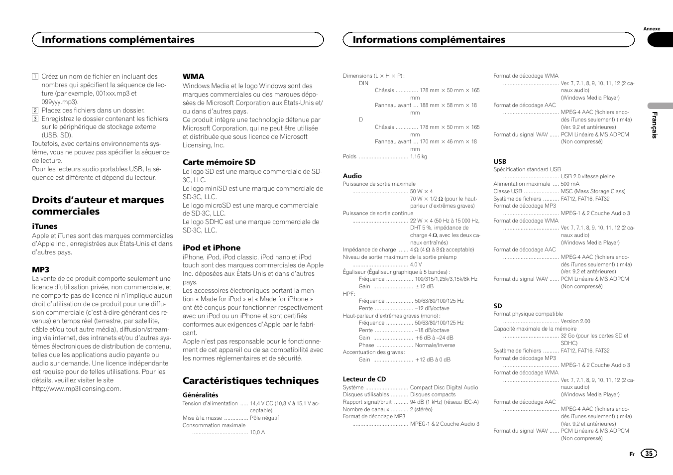Droits d, Auteur et marques, Commerciales | Caractéristiques techniques, Droits d ’auteur et marques commerciales, Informations complémentaires | Pioneer DEH-6300SD User Manual | Page 35 / 136