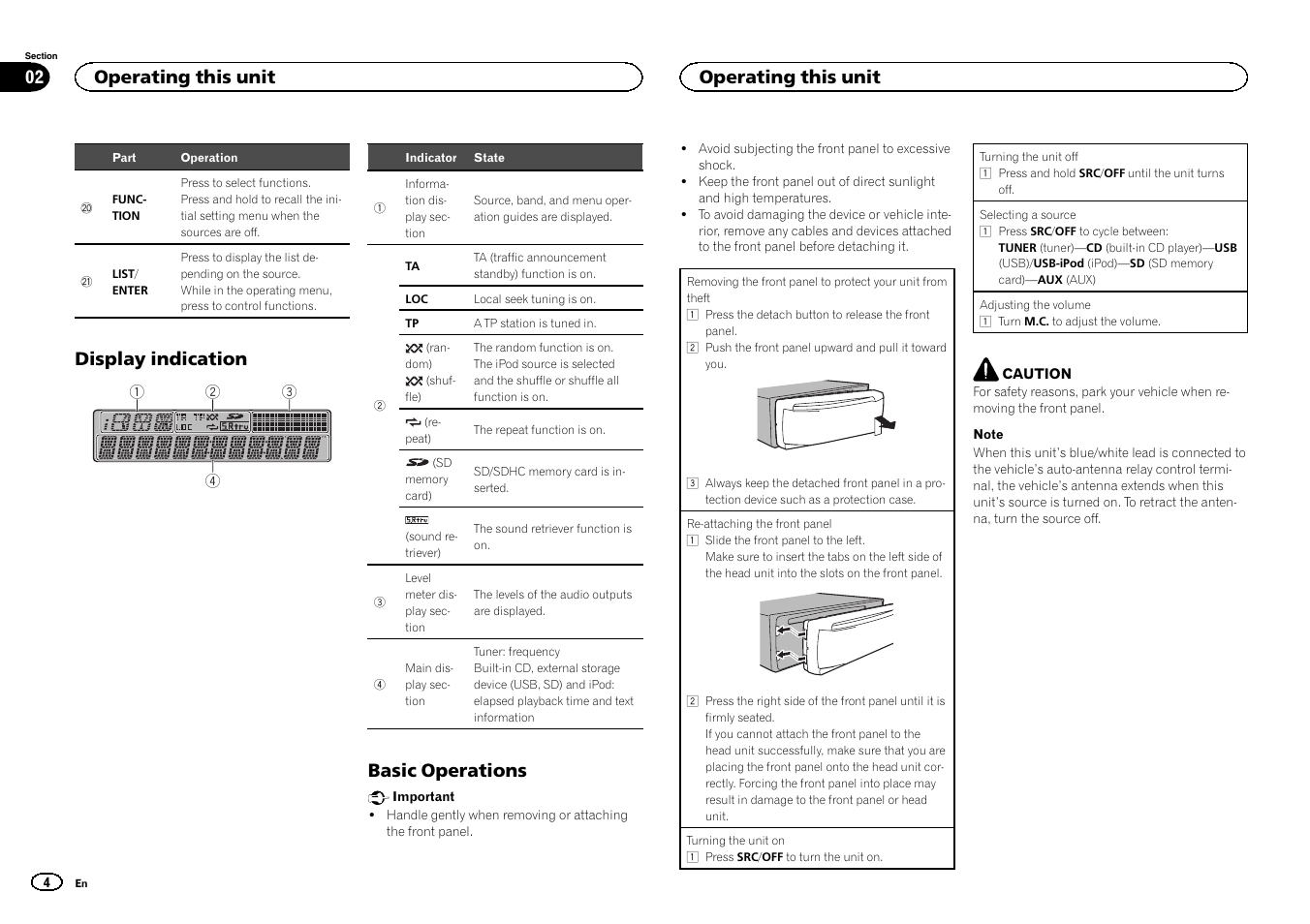 Display indication, Basic operations, Operating this unit 02 | Operating this unit | Pioneer DEH-6300SD User Manual | Page 4 / 136