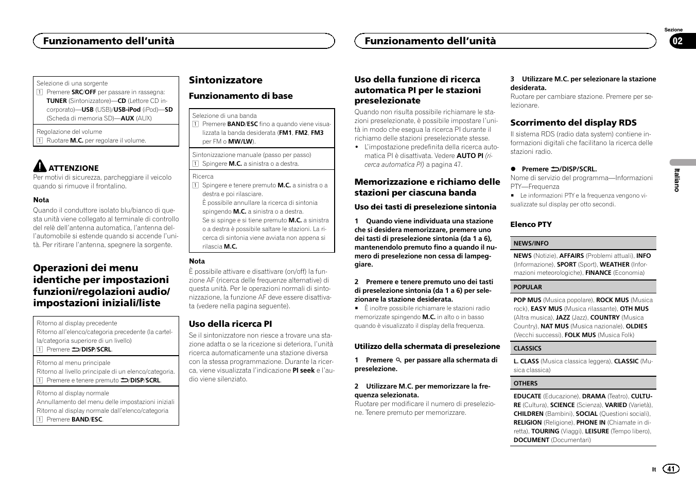 Operazioni dei menu identiche per, Sintonizzatore, Funzionamento dell ’unità 02 | Funzionamento dell ’unità | Pioneer DEH-6300SD User Manual | Page 41 / 136