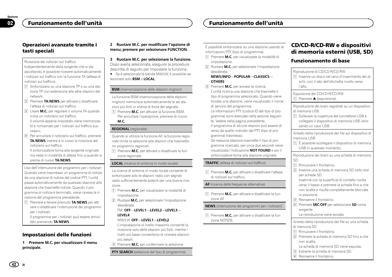 Cd/cd-r/cd-rw e dispositivi di memoria, Esterni (usb, sd), Funzionamento dell ’unità 02 | Funzionamento dell ’unità | Pioneer DEH-6300SD User Manual | Page 42 / 136