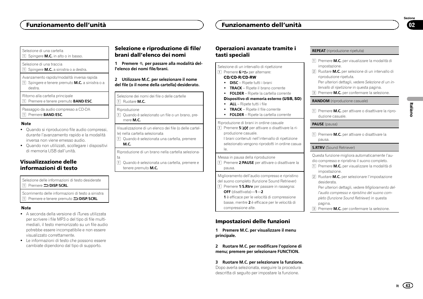 Funzionamento dell ’unità 02, Funzionamento dell ’unità | Pioneer DEH-6300SD User Manual | Page 43 / 136