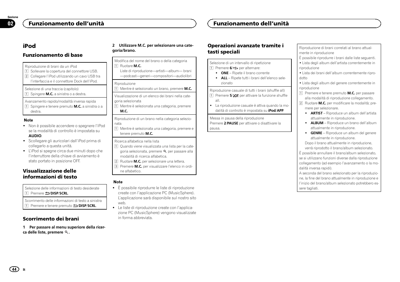 Ipod, Funzionamento dell ’unità 02, Funzionamento dell ’unità | Pioneer DEH-6300SD User Manual | Page 44 / 136