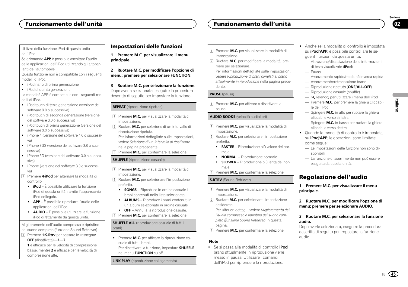 Regolazione dell, Audio, Regolazione dell ’audio | Funzionamento dell ’unità 02, Funzionamento dell ’unità | Pioneer DEH-6300SD User Manual | Page 45 / 136