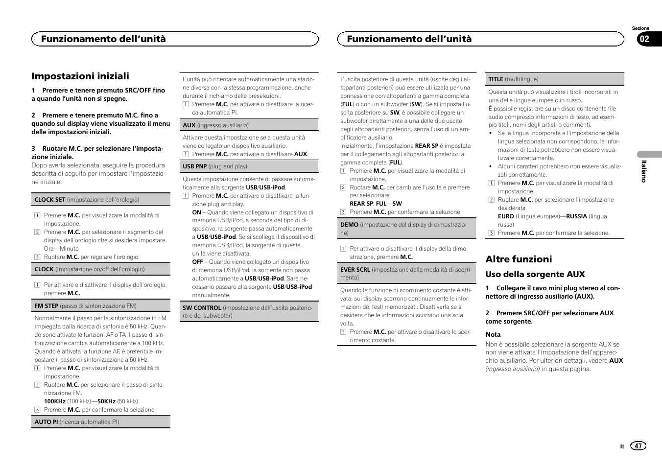 Impostazioni iniziali, Altre funzioni, Sw control (imposta | Zione dell, Uscita posteriore e del subwoofer), Funzionamento dell ’unità 02, Funzionamento dell ’unità | Pioneer DEH-6300SD User Manual | Page 47 / 136