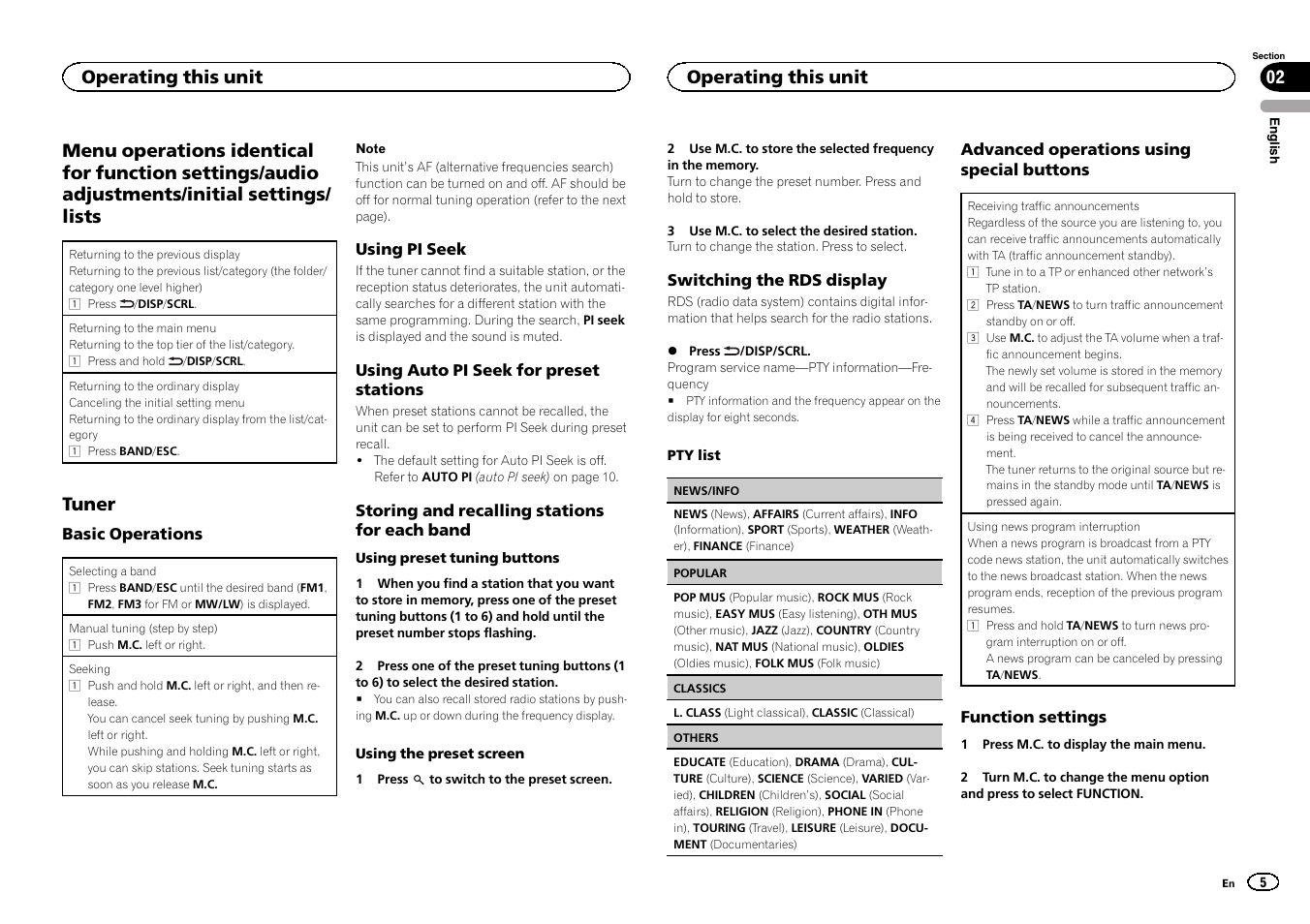 Menu operations identical for function, Settings/audio adjustments/initial settings/lists, Tuner | Operating this unit 02, Operating this unit | Pioneer DEH-6300SD User Manual | Page 5 / 136