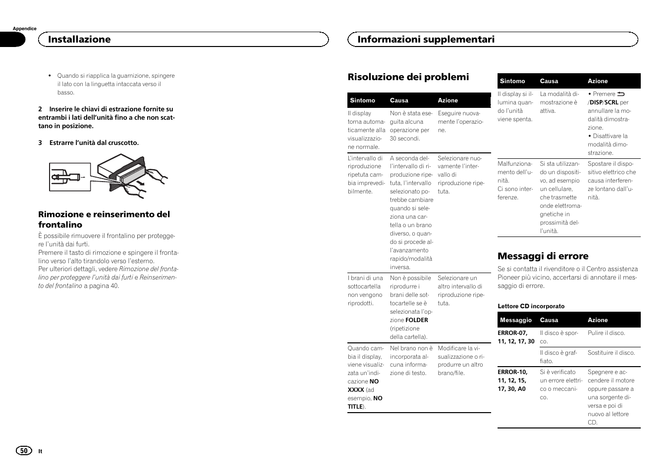 Messaggi di errore, Risoluzione dei problemi, Installazione | Informazioni supplementari | Pioneer DEH-6300SD User Manual | Page 50 / 136