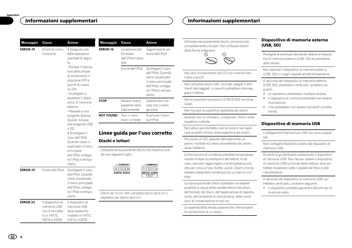 Linee guida per l, Uso corretto, Linee guida per l ’uso corretto | Informazioni supplementari | Pioneer DEH-6300SD User Manual | Page 52 / 136