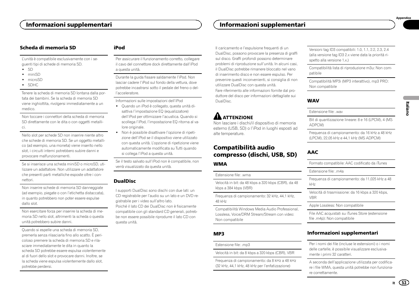 Compatibilità audio compresso (dischi, Usb, sd), Compatibilità audio compresso (dischi, usb, sd) | Informazioni supplementari | Pioneer DEH-6300SD User Manual | Page 53 / 136
